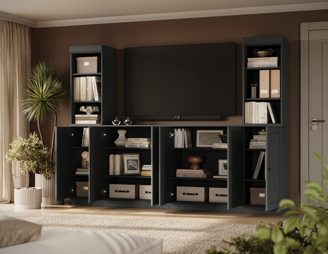 100% Solid Wood 6-Piece Entertainment Center Wall Unit with Storage, Open Cabinets & Raised Panel Doors, Adjustable Shelves, 97" W x 71.5" H
