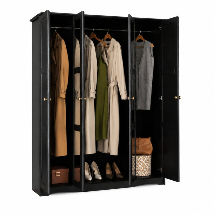 100% Solid Wood 4-Door Wardrobe Armoire with Mirrored Doors, Bedroom Closet Storage - Regal Collection with Metal Knobs