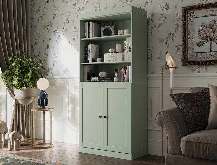 100% Solid Wood 6-Shelf 32" Bookcase Cabinet, 2 Solid Shaker Wood Doors, Adjustable Shelves