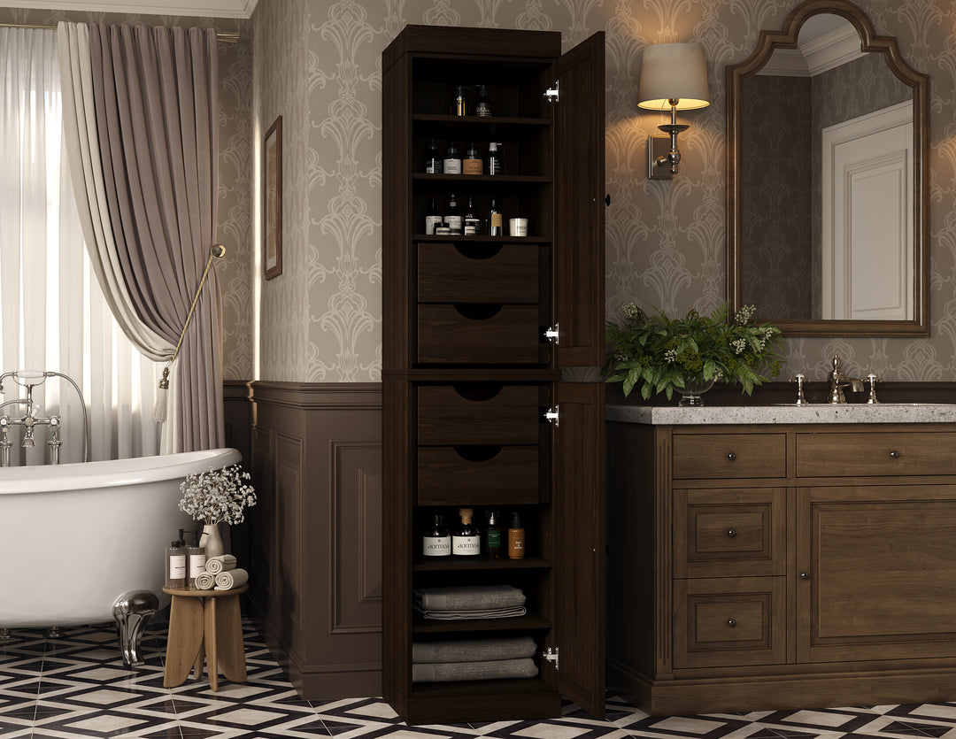 100% Solid Wood Bathroom Storage Cabinet, Raised Panel Doors, 4 Drawers, Adjustable Shelves, 16.5" Wide, 71.5" Tall