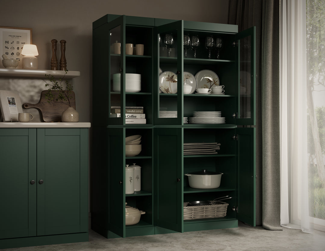 100% Solid Wood 48.5" China Pantry Cabinet, 3 Glass Doors, 3 Shaker Doors