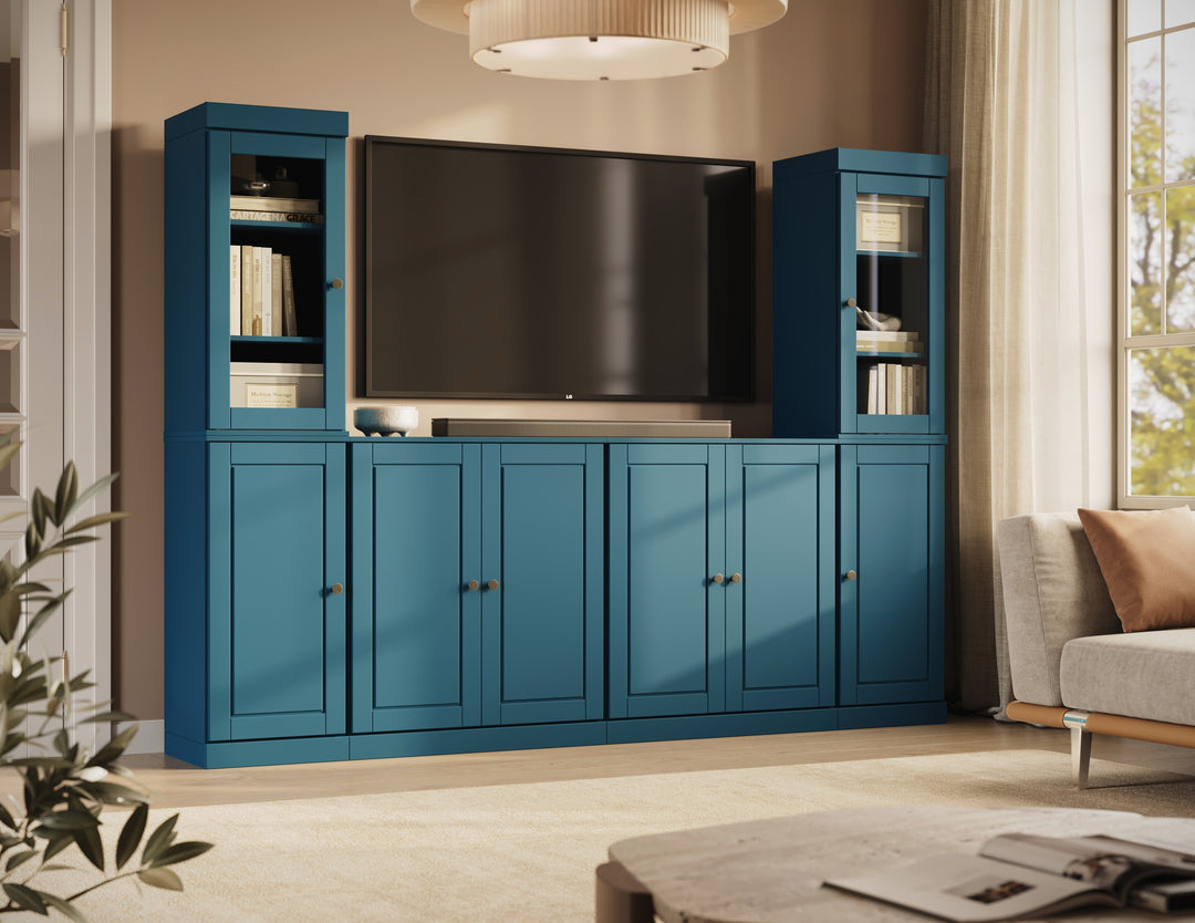 100% Solid Wood 6-Piece Entertainment Center Wall Unit with Storage, Glass & Raised Panel Doors, Adjustable Shelves, 97" W x 71.5" H