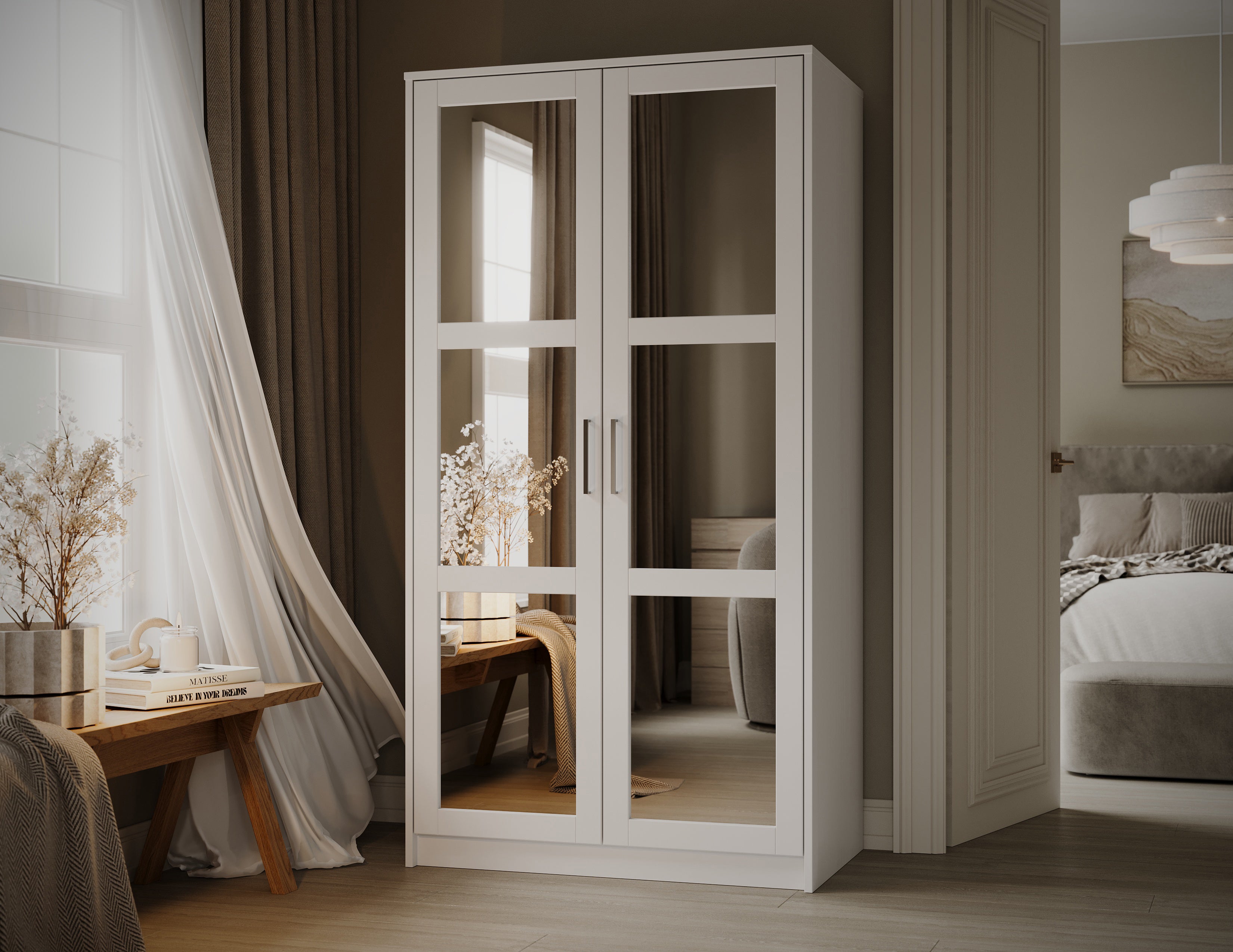 100% Solid Wood 2-Door Wardrobe Armoire with Mirrored Doors