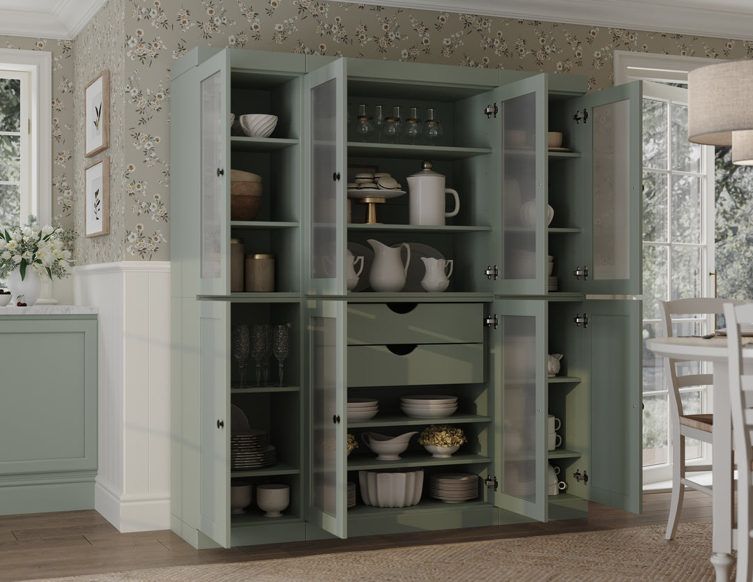 100% Solid Brazilian Pine Wood 65" Pantry Cabinet with Frosted Glass, Shaker Doors, 2-Drawers and Adjustable Shelves