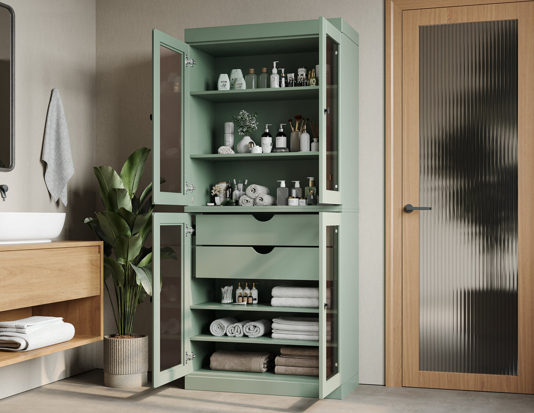 100% Solid Brazilian Pine Wood Bathroom Storage Cabinet, Clear Glass Doors, 2 Drawers, Adjustable Shelves, 32" Wide, 71.5" Tall