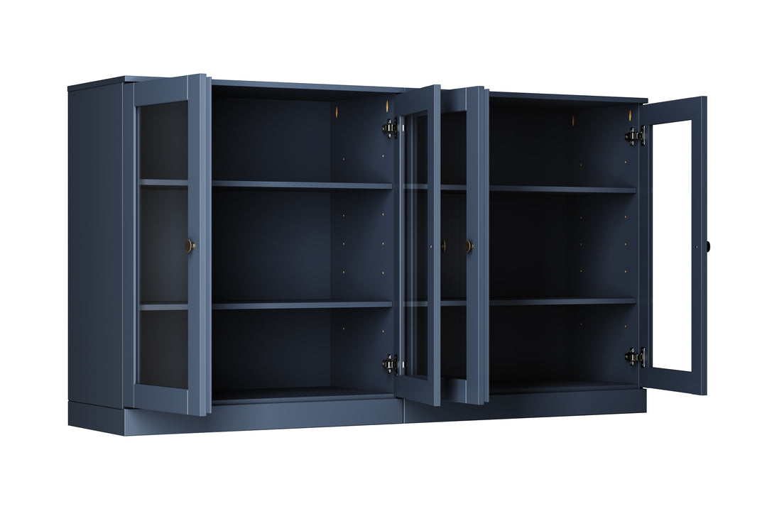 100% Solid Wood 64" Sideboard Cabinet with Clear Glass Doors, Adjustable Shelves