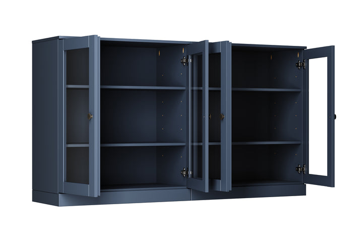 100% Solid Wood 64" Sideboard Cabinet with Clear Glass Doors, Adjustable Shelves