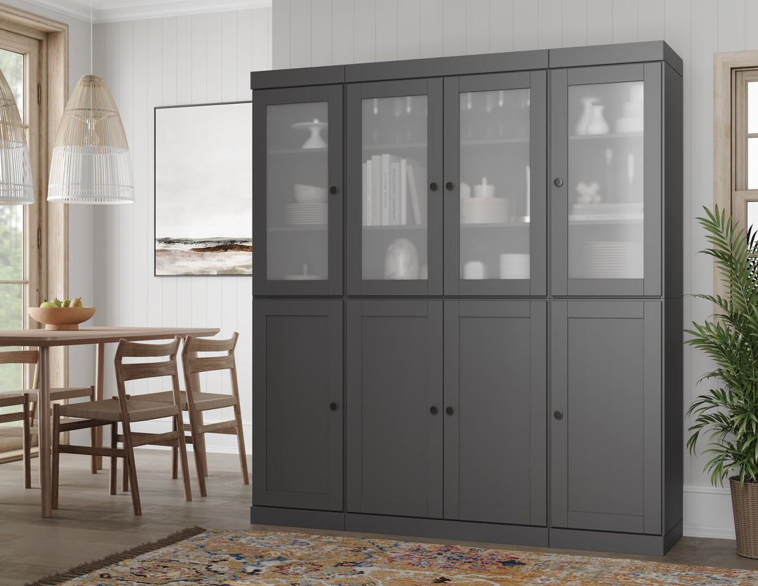 Gray 100% Solid Wood Kitchen Pantry Cabinet, Tall Freestanding Modular Storage with Frosted Glass & Shaker Doors, Adjustable Shelves, 65" W x 71.5" H