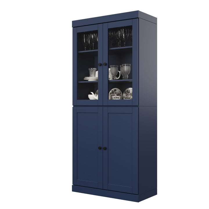 100% Solid Wood 32" Pantry Cabinet, 2 Clear Glass, 2 Shaker Doors, 2-Drawers