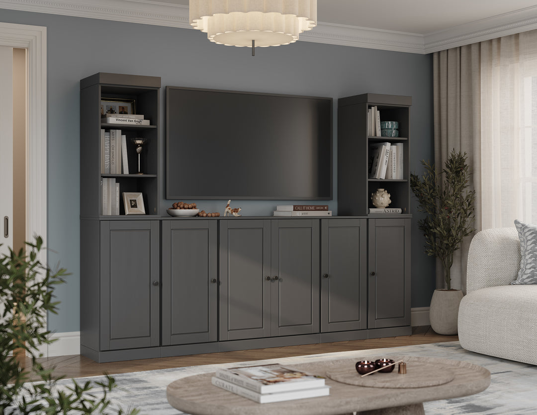 100% Solid Wood 7-Piece Entertainment Center Wall Unit with Storage, Open Cabinets & Raised Panel Doors, Adjustable Shelves, 98" W x 71.5" H