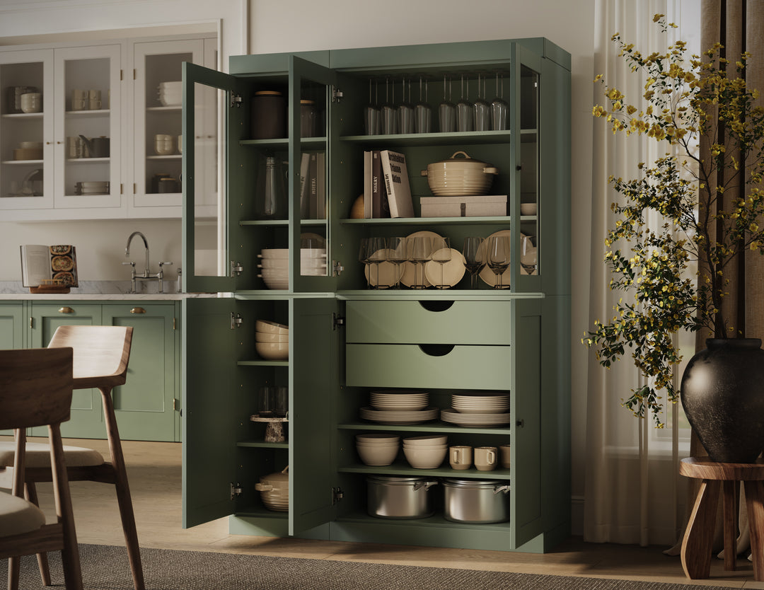 100% Solid Wood 48.5" Pantry China Cabinet, 3 Glass Doors, 3 Shaker Doors, 2-Drawers