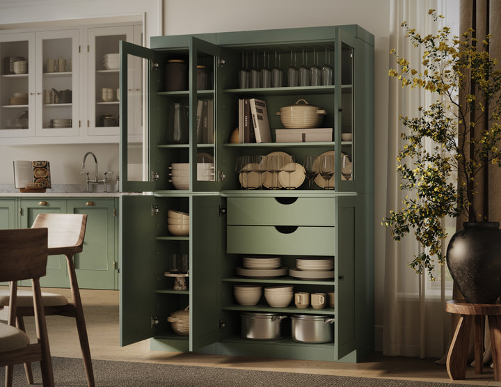 100% Solid Wood 48.5" Pantry China Cabinet, 3 Glass Doors, 3 Shaker Doors, 2-Drawers