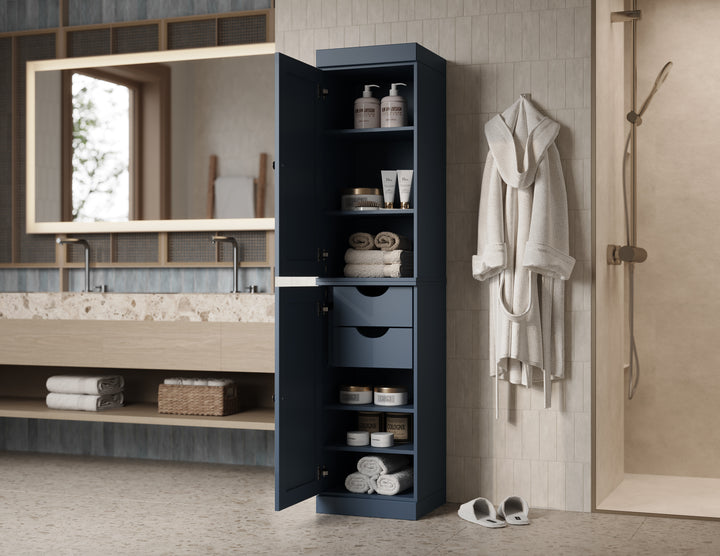 100% Solid Wood Tall Freestanding Modular Bathroom Linen Storage Cabinet with Shaker Doors, 2 Drawers, Adjustable Shelves, 16.5" W x 71.5" H