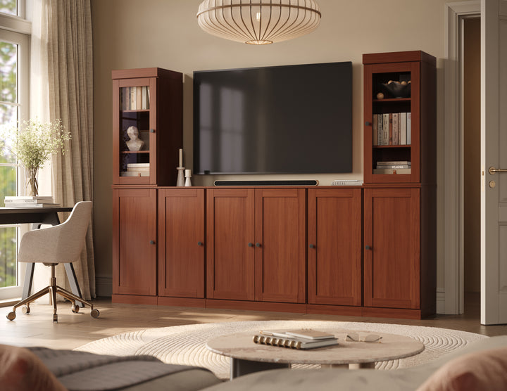 100% Solid Wood 7-Piece Entertainment Center Wall Unit with Storage, Shaker & Glass Doors, Adjustable Shelves, 98" W x 71.5" H