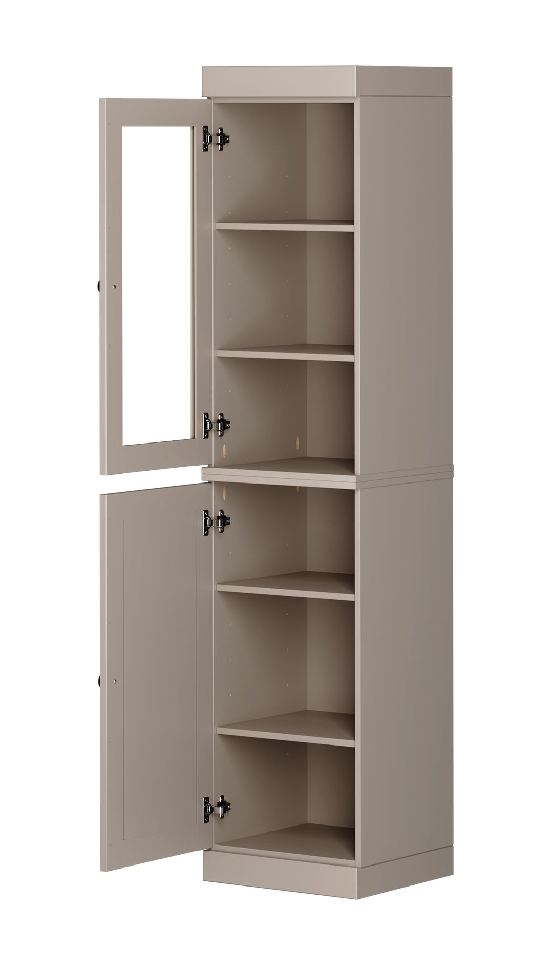 100% Solid Brazilian Pine Wood Pantry Cabinet, Raised Panel & Clear Glass Doors, Adjustable Shelves, 16.5" Wide, 71.5" Tall