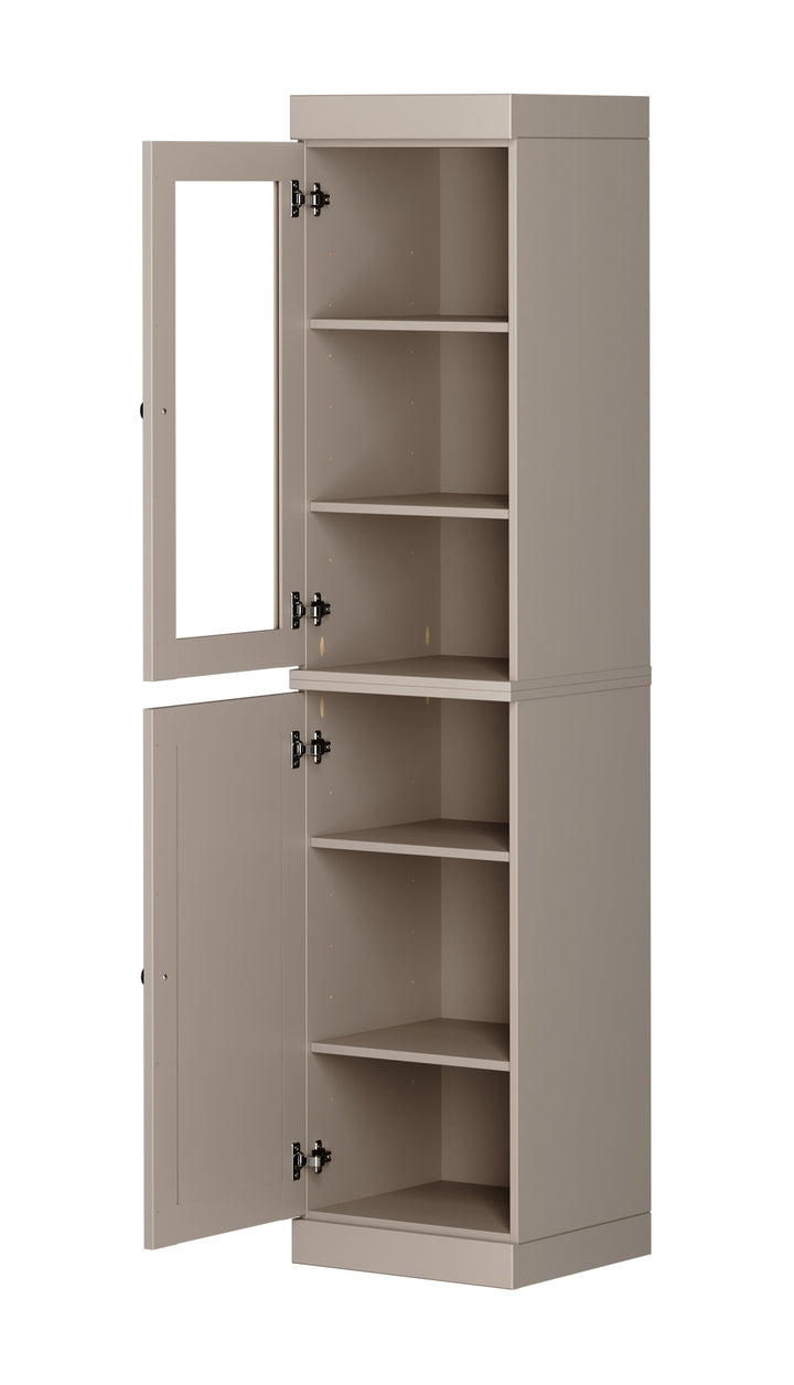 100% Solid Brazilian Pine Wood Pantry Cabinet, Raised Panel & Clear Glass Doors, Adjustable Shelves, 16.5" Wide, 71.5" Tall