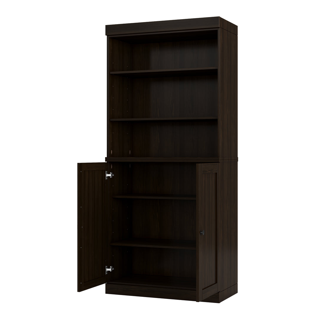 100% Solid Wood Tall Modular Bookcase with Doors & Open Shelves, Storage Bookshelf with Adjustable Shelves, 32" W x 71.5" H