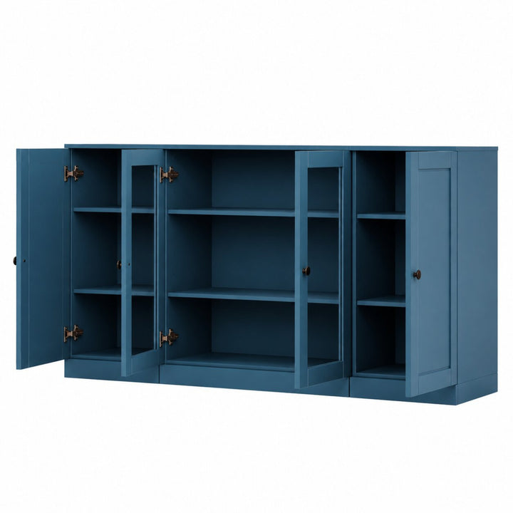 100% Solid Wood TV Stand with Raised Panel, Clear Glass Doors and Adjustable Shelves for TVs up to 65"