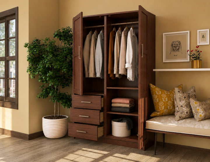 100% Solid Wood 2-Door Wardrobe Armoire with Raised Panel Doors, Bedroom Closet Storage - Metro Collection