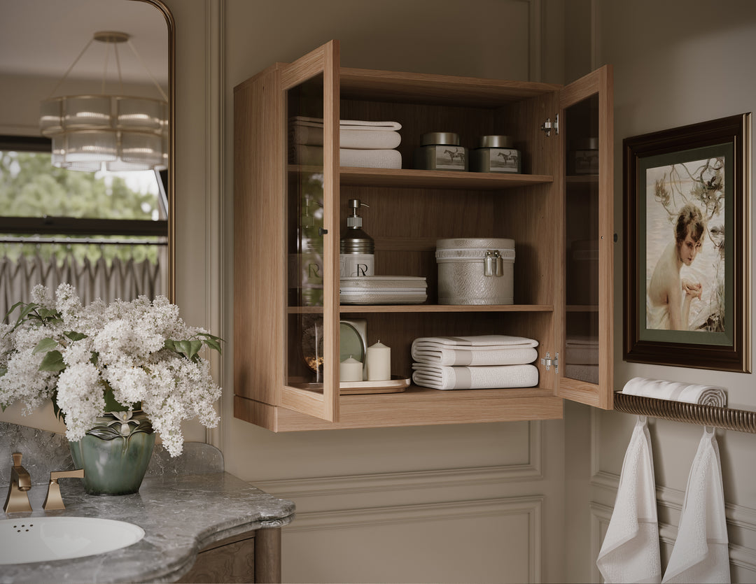Premium 100% Solid European Oak Bathroom Wall Cabinet with Tinted Glass Doors, Hanging Storage, 32" Wide, 71.5" Tall