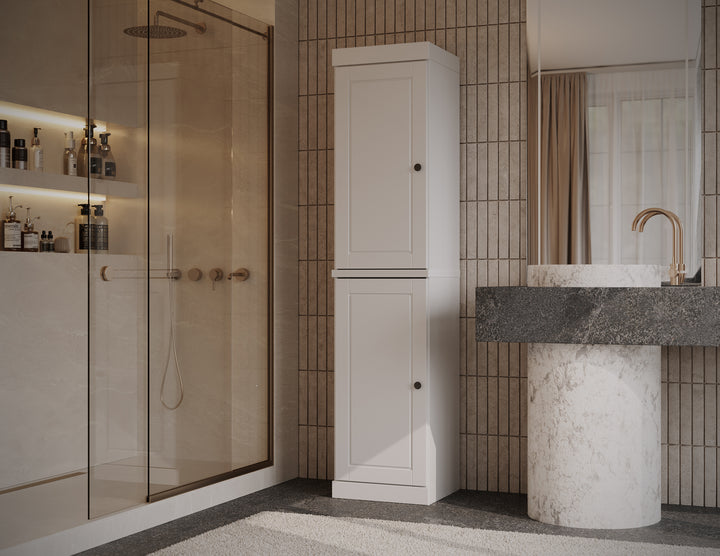 100% Solid Wood Bathroom Storage Cabinet, Raised Panel Doors, 2 Drawers, Adjustable Shelves, 16.5" Wide, 71.5" Tall