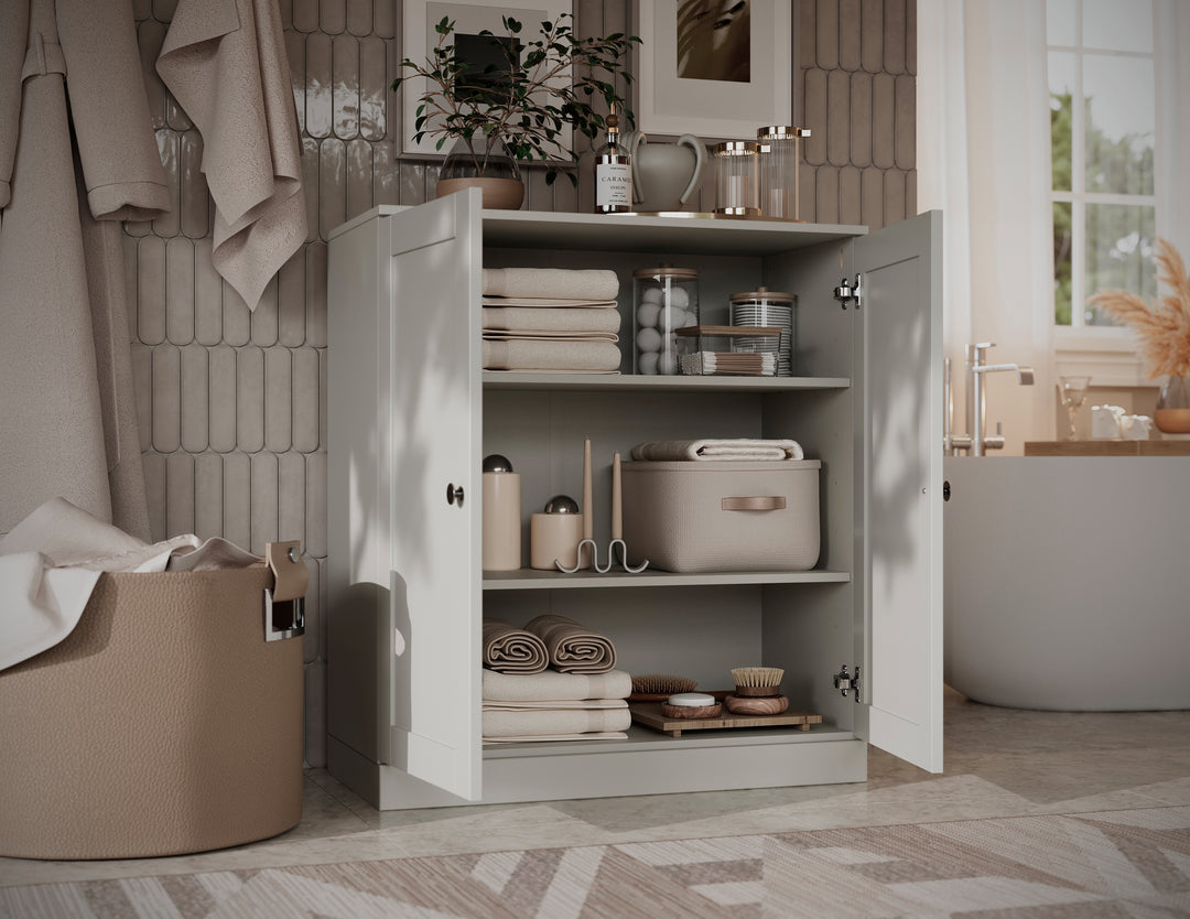 100% Solid Wood Freestanding Bathroom Linen Storage Cabinet with Shaker Doors, Adjustable Shelves, 32" W x 35.75" H