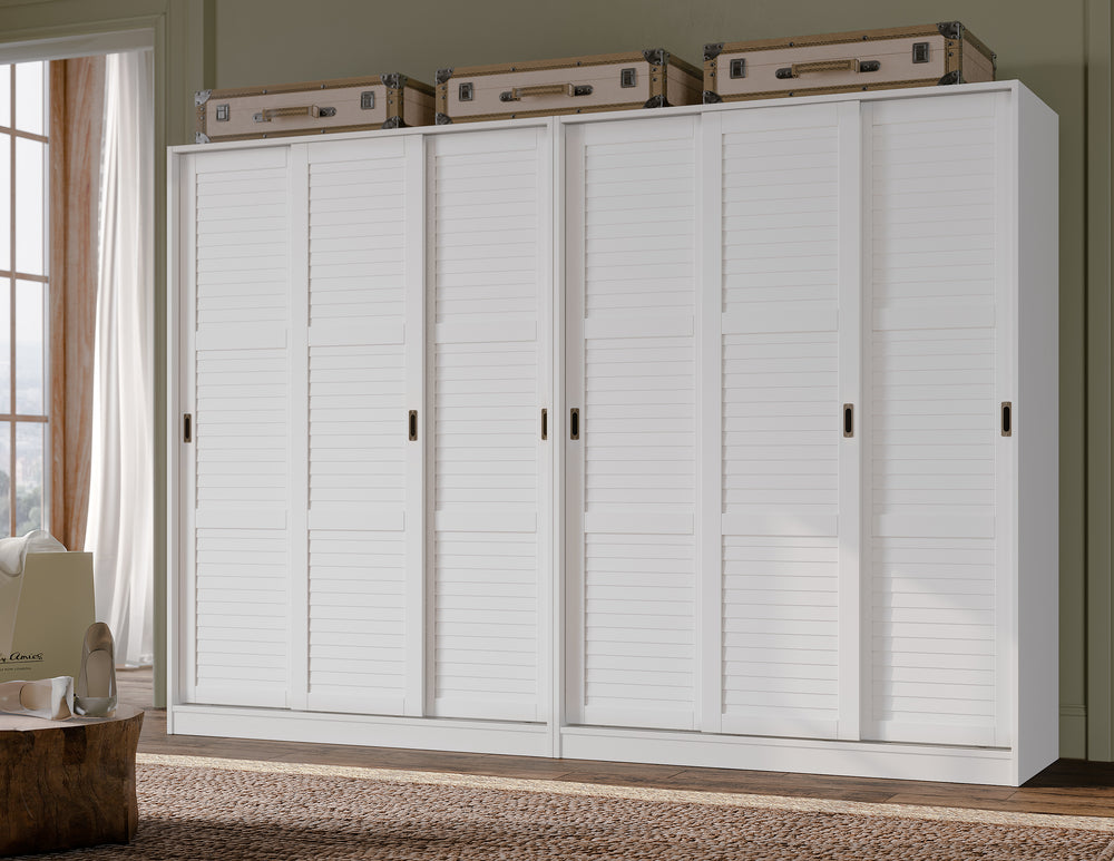 100% Solid Wood 6-Sliding Wardrobe with Louvered Doors, 70-110” Wardrobes - Palace Imports