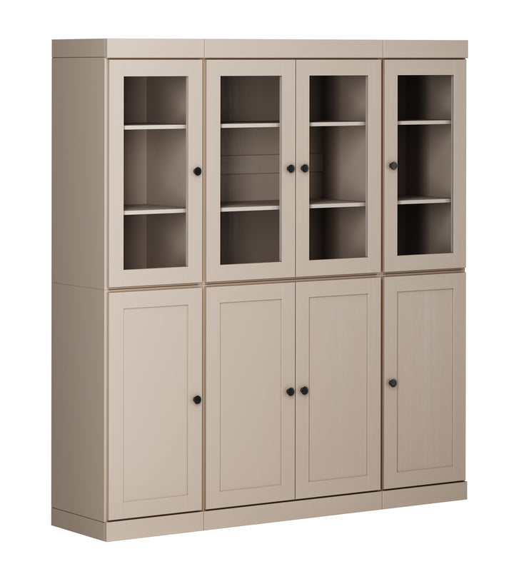 100% Solid Wood 65" China Pantry Cabinet, 4 Clear Glass, 4 Shaker Wood Doors