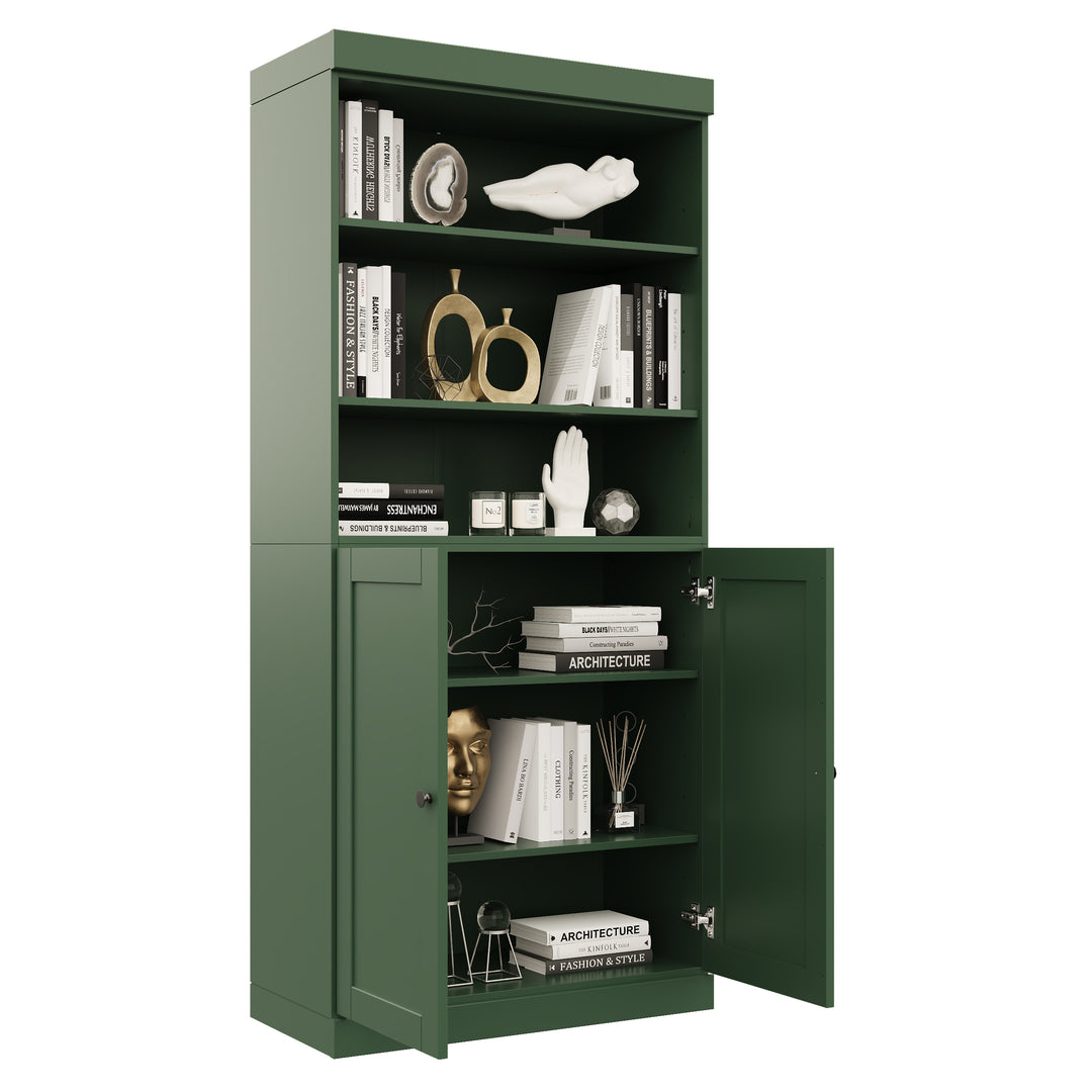 100% Solid Wood 6-Shelf 32" Bookcase Cabinet, 2 Solid Shaker Wood Doors, Adjustable Shelves