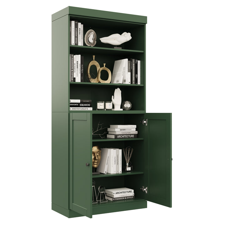 100% Solid Wood 6-Shelf 32" Bookcase Cabinet, 2 Solid Shaker Wood Doors, Adjustable Shelves