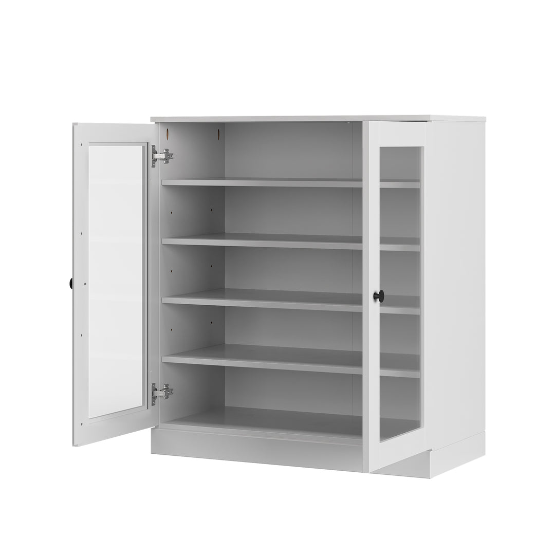 100% Solid Wood Glass Door Shoe Storage Cabinet with Adjustable Shelves, Space Saving Stackable Entryway Organizer, 32" W x 35.75" H