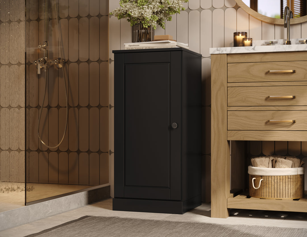 100% Solid Wood Bathroom Storage Cabinet, Raised Panel Door, 2 Drawers, Adjustable Shelves, 16.5" Wide, 35.75" Tall