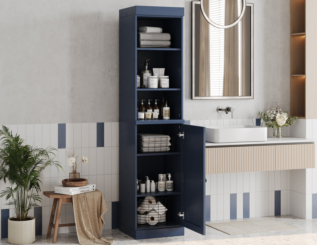 100% Solid Wood Tall Freestanding Modular Bathroom Linen Storage Cabinet with Open Shelf & Shaker Door, Adjustable Shelves, 16.5" W x 71.5" H