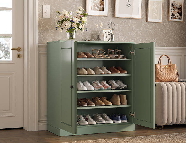 100% Solid Wood Shoe Storage Cabinet with Raised Panel Doors, Adjustable Shelves, Space Saving Stackable Entryway Organizer, 32" W x 35.75" H