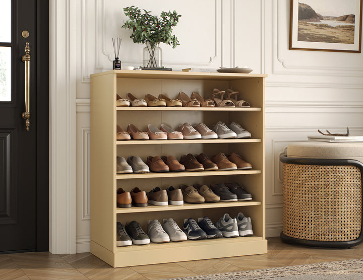 100% Solid Wood Open Shoe Storage Cabinet with Adjustable Shelves, Space Saving Stackable Entryway Organizer, 32" W x 35.75" H