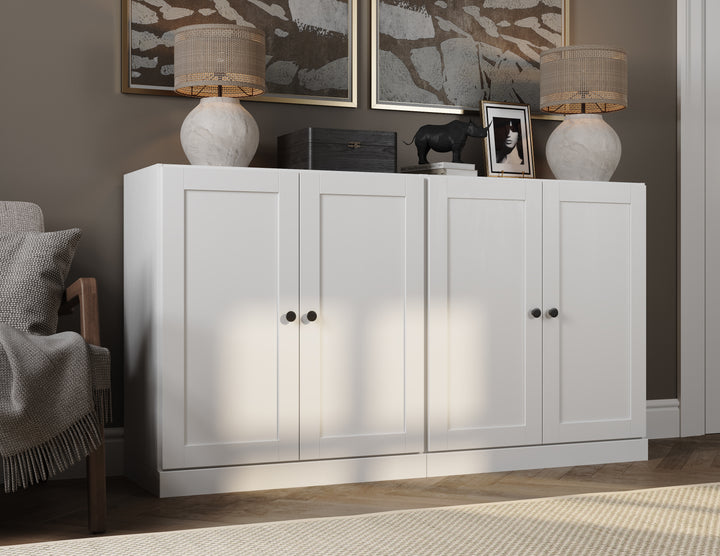 100% Solid Brazilian Pine Wood Sideboard, Shaker Doors, Adjustable Shelves, 64" Wide, 35.75" Tall