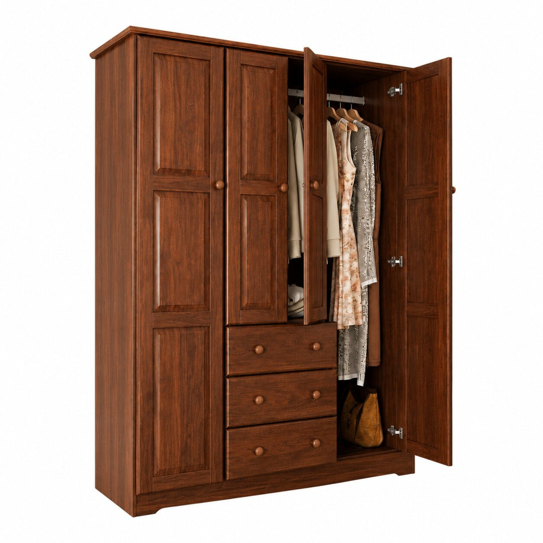100% Solid Wood 4-Door Wardrobe Armoire, Bedroom Closet Storage - Family Collection