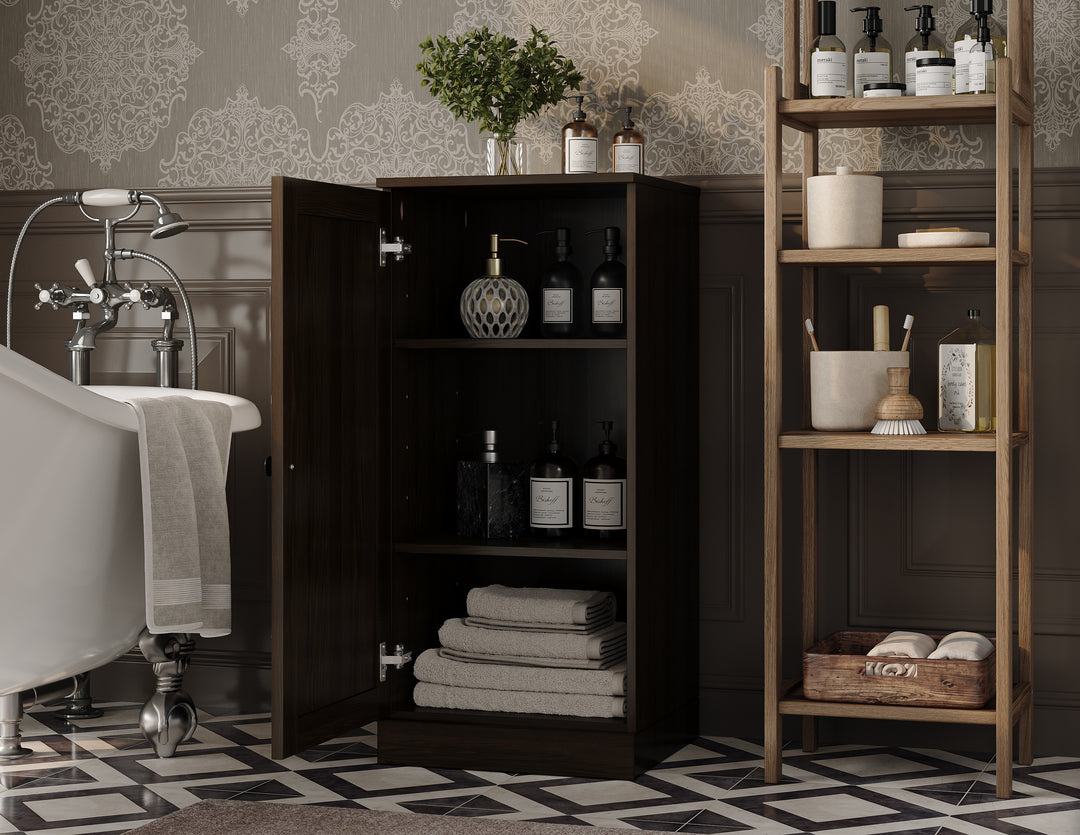 100% Solid Wood Freestanding Bathroom Linen Storage Cabinet with Shaker Door, Adjustable Shelves, 16.5" W x 35.75" H