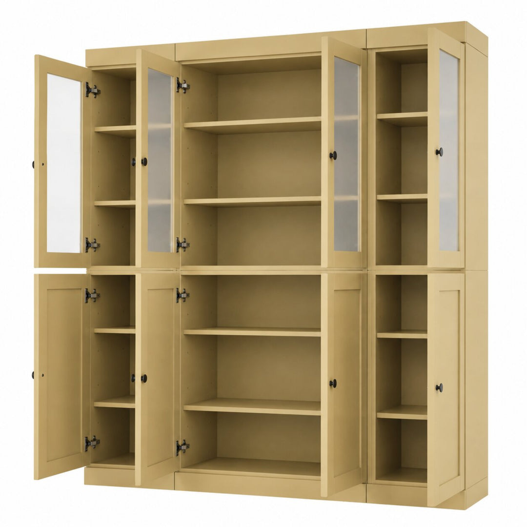 100% Solid Wood China Kitchen Pantry Cabinet, Tall Freestanding Modular Storage with Frosted Glass & Shaker Doors, Adjustable Shelves, 65" W x 71.5" H