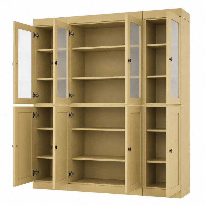 100% Solid Wood China Kitchen Pantry Cabinet, Tall Freestanding Modular Storage with Frosted Glass & Shaker Doors, Adjustable Shelves, 65" W x 71.5" H