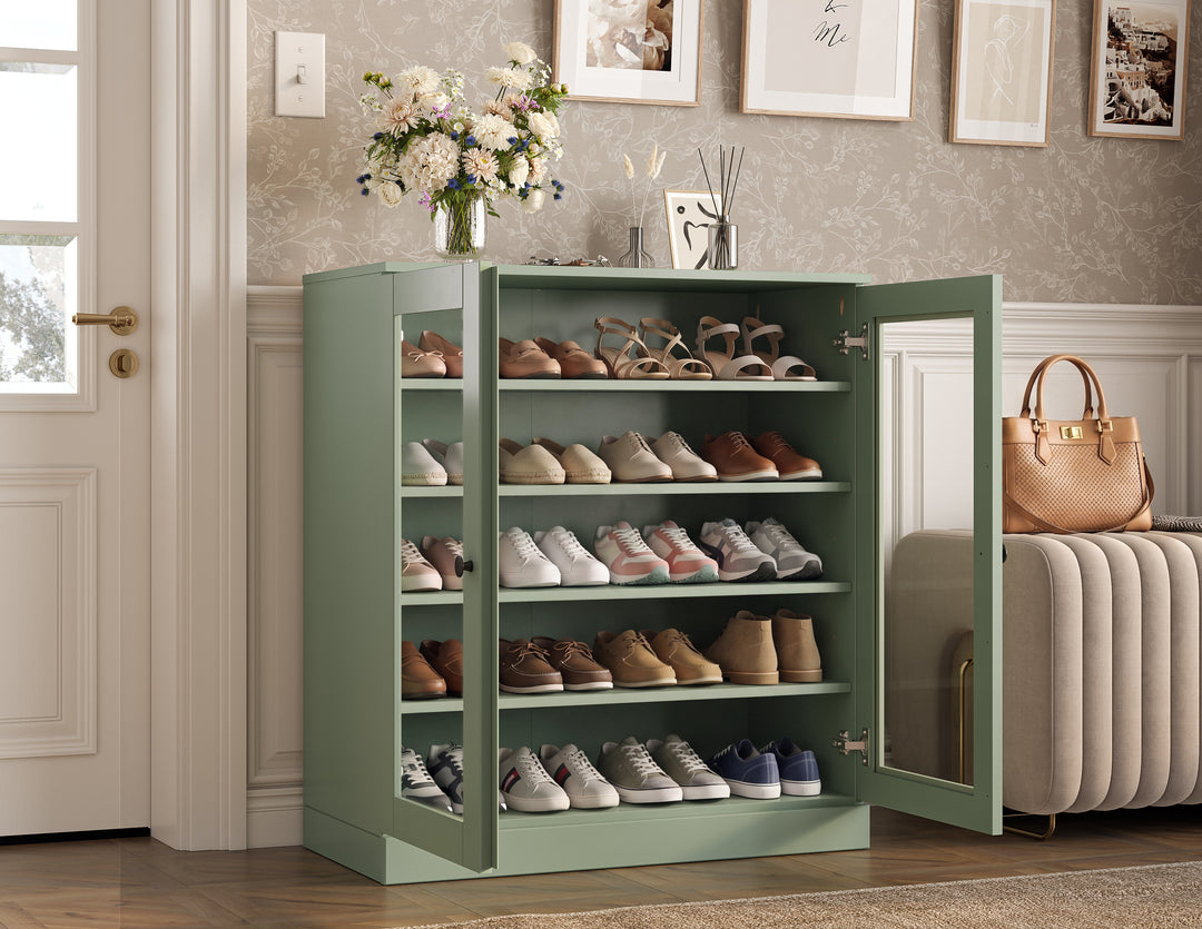 100% Solid Wood Glass Door Shoe Storage Cabinet with Adjustable Shelves, Space Saving Stackable Entryway Organizer, 32" W x 35.75" H