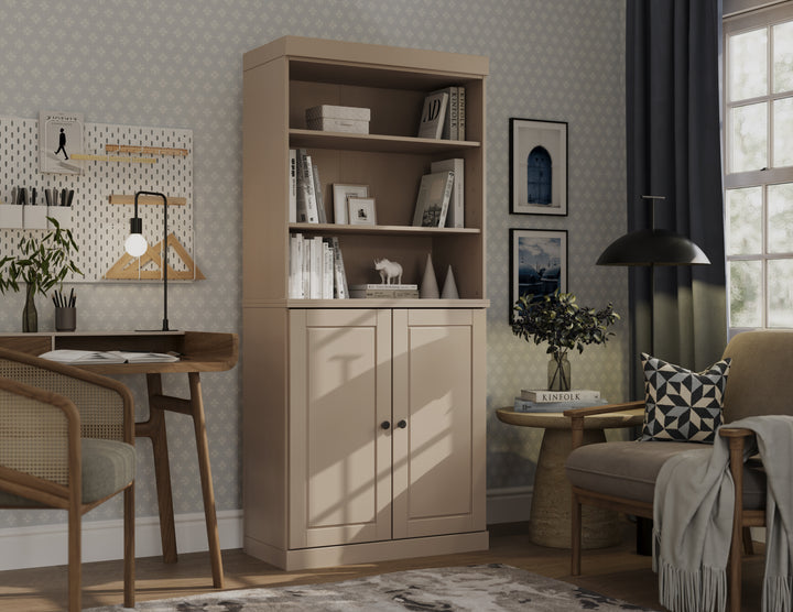 100% Solid Wood 6-Shelf 32" Bookcase, 2 Raised Panel Wood Doors, Adjustable Shelves