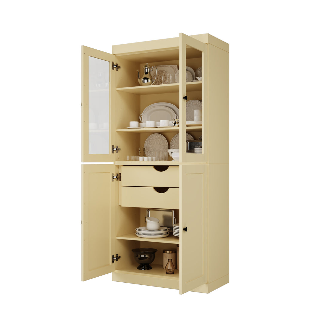 100% Solid Wood 32" Pantry Cabinet, 2 Clear Glass, 2 Shaker Doors, 2-Drawers