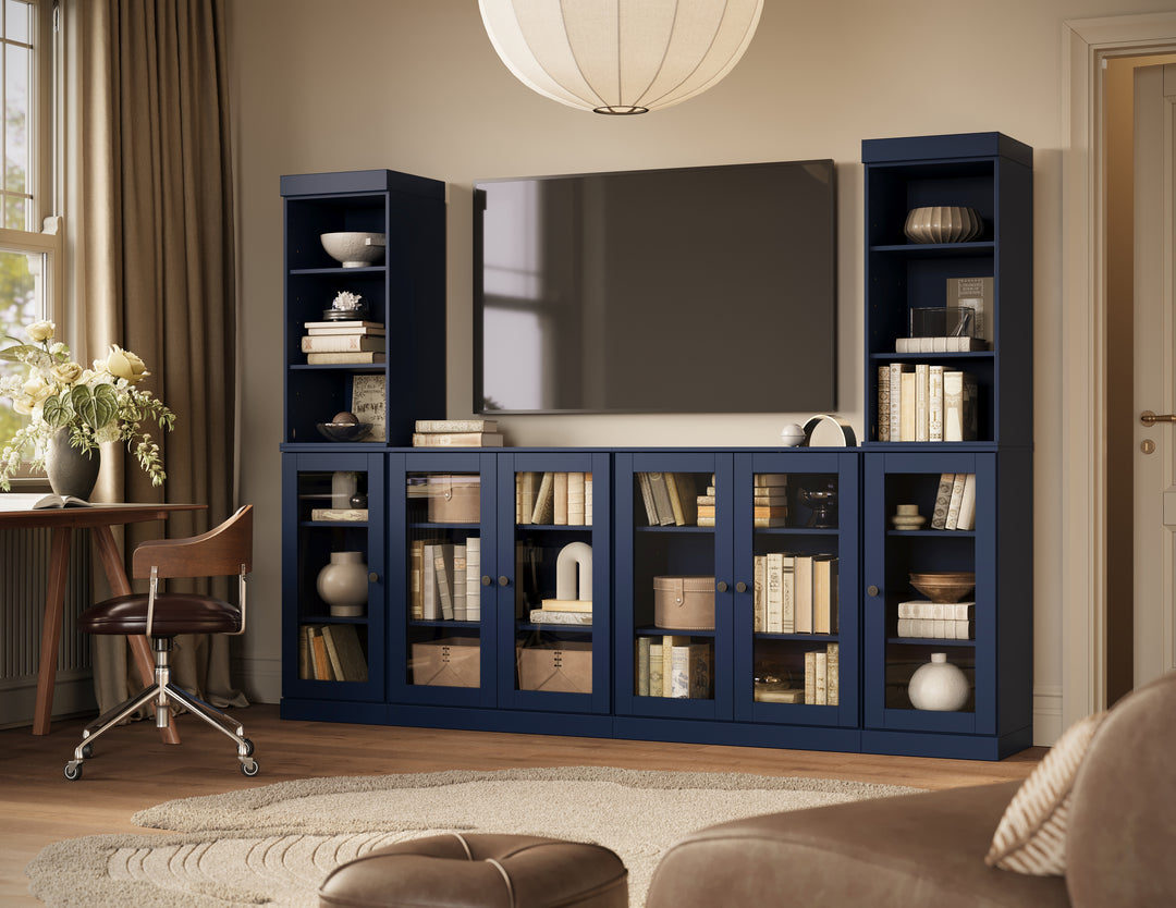 100% Solid Wood 6-Piece Entertainment Center Wall Unit with Storage, Open Cabinets & Glass Doors, Adjustable Shelves, 97" W x 71.5" H
