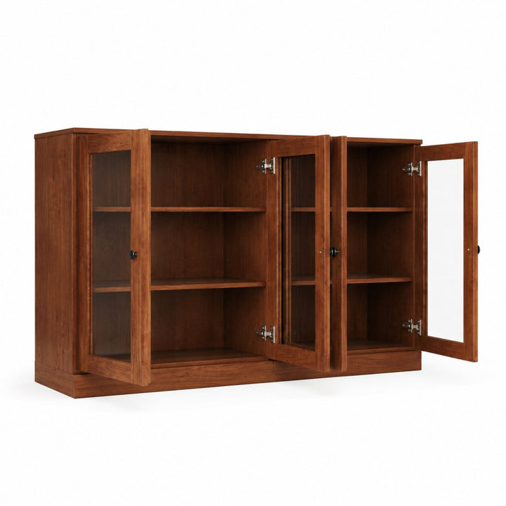 100% Solid Wood TV Stand, 64" Wide TV Console with Glass Doors & Storage