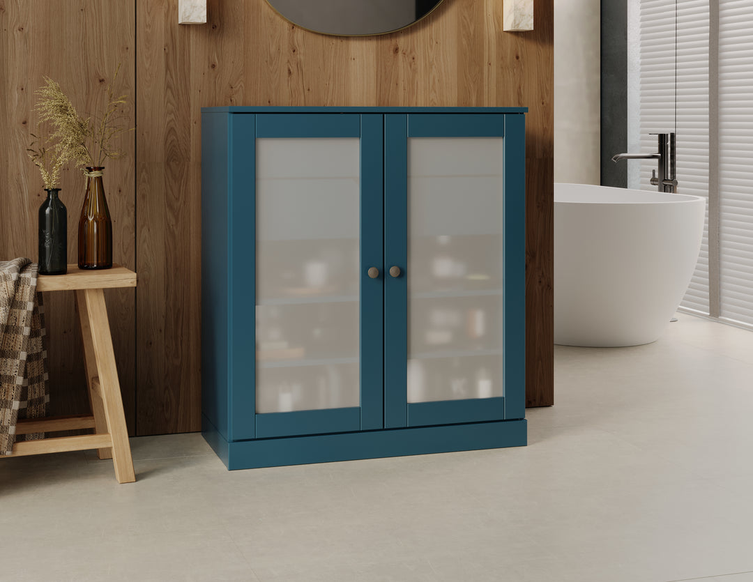 100% Solid Brazilian Pine Wood 32" Bathroom Storage Cabinet with Frosted Glass Doors, 2-Drawers and Adjustable Shelves