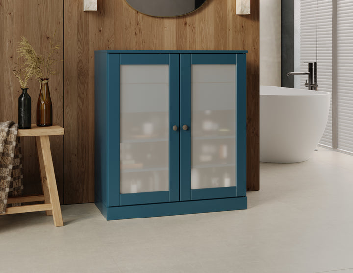 100% Solid Brazilian Pine Wood 32" Bathroom Storage Cabinet with Frosted Glass Doors, 2-Drawers and Adjustable Shelves