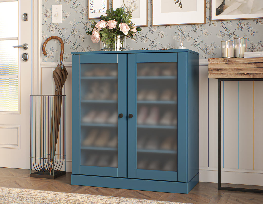 100% Solid Wood Frosted Glass Door Shoe Storage Cabinet with Adjustable Shelves, Space Saving Stackable Entryway Organizer, 32" W x 35.75" H