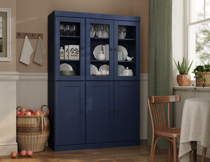 100% Solid Wood 48.5" Pantry China Cabinet, 3 Glass Doors, 3 Shaker Doors, 2-Drawers