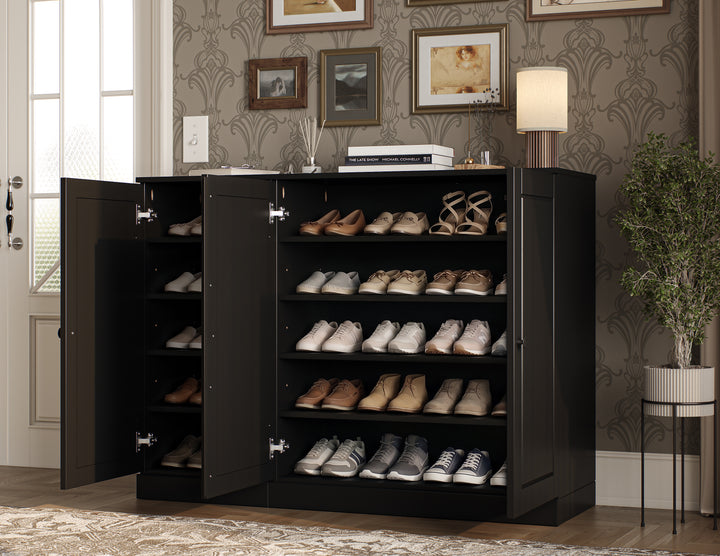 100% Solid Wood Shoe Storage Cabinet with Raised Panel Doors, Adjustable Shelves, Space Saving Modular Entryway Organizer, 48.5" W x 35.75" H